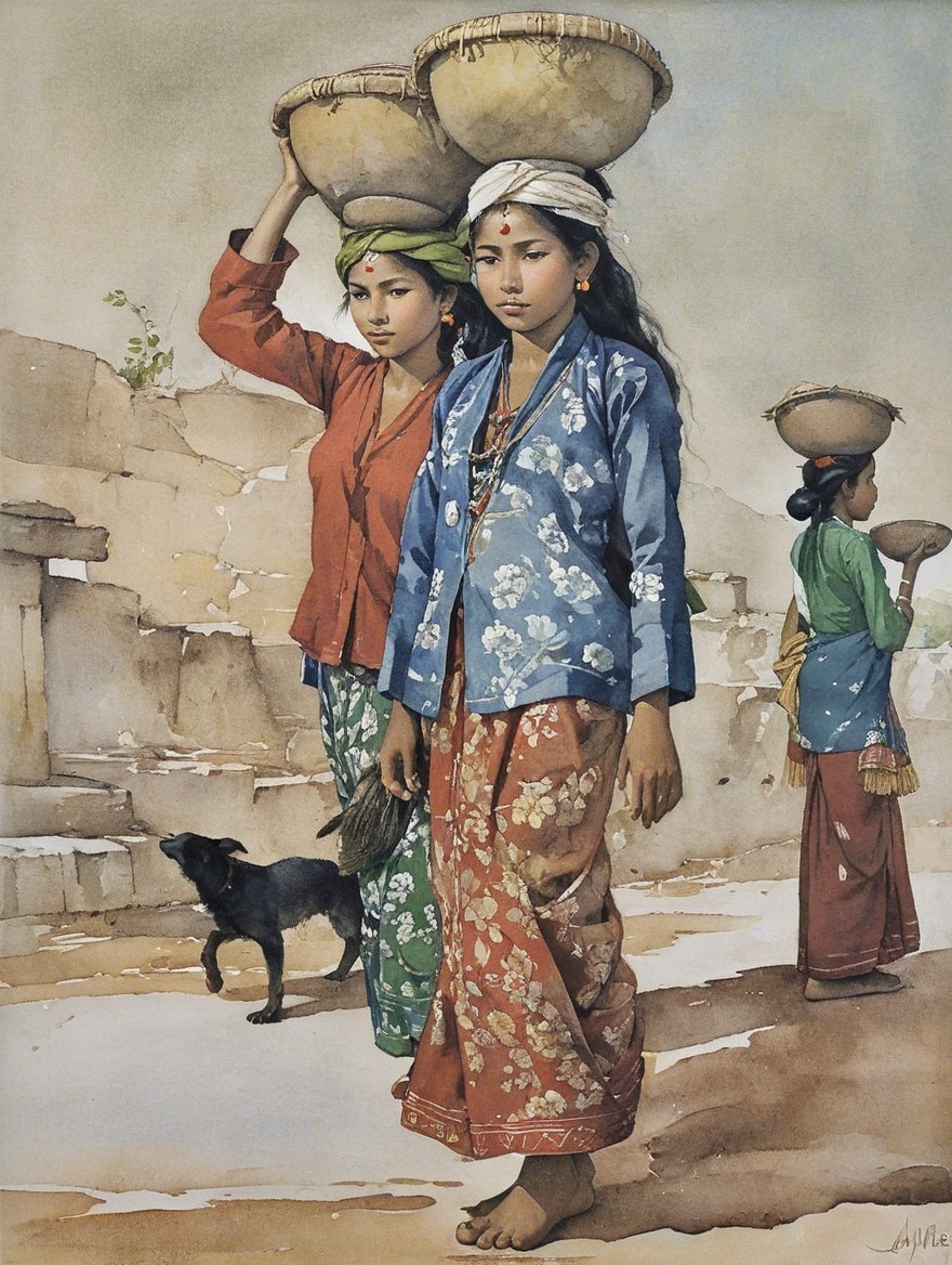 Three Women in Traditional Attire with Baskets