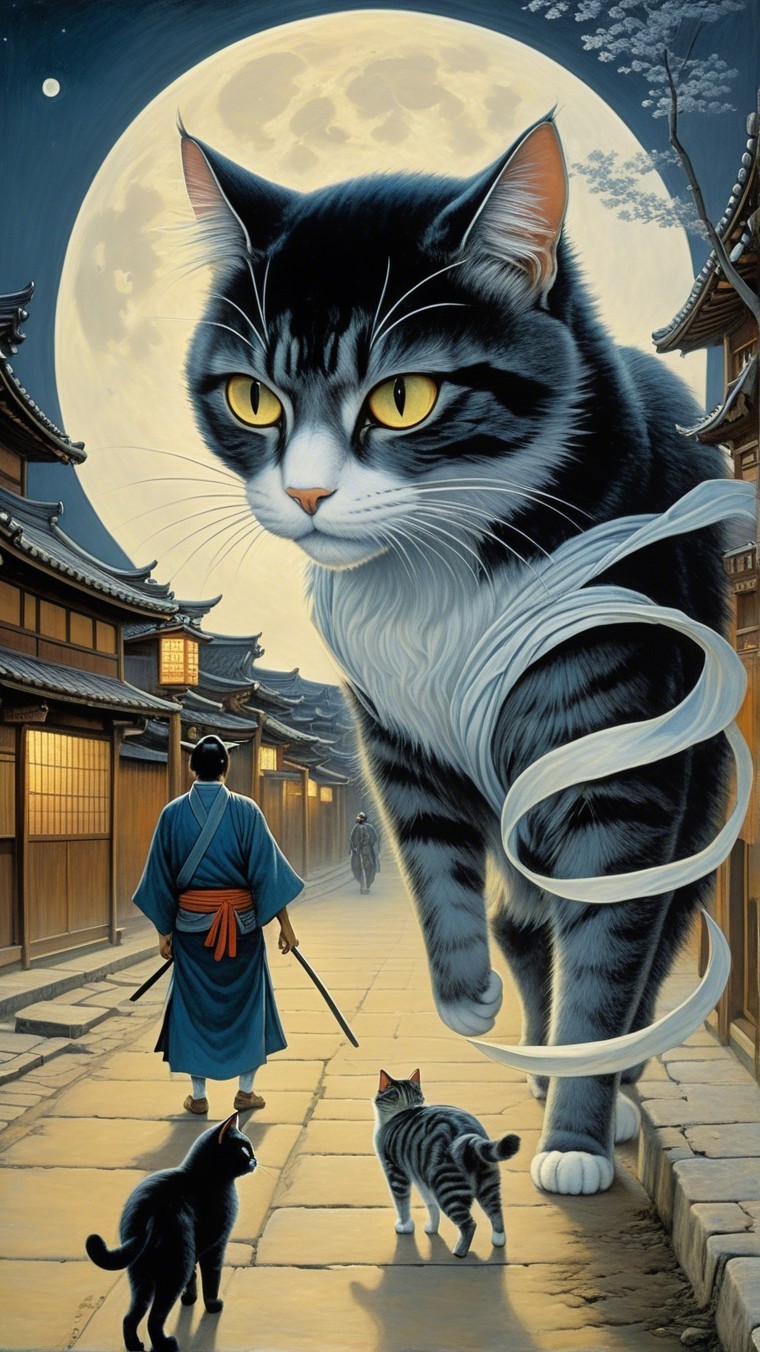 Colossal Cat Overlooks Serene Street at Night