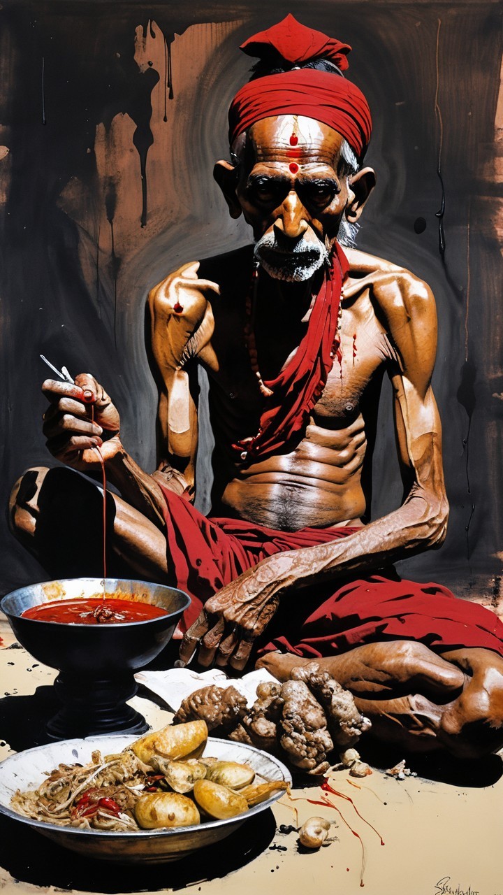 Weathered Figure in Traditional Attire with Food and Spices