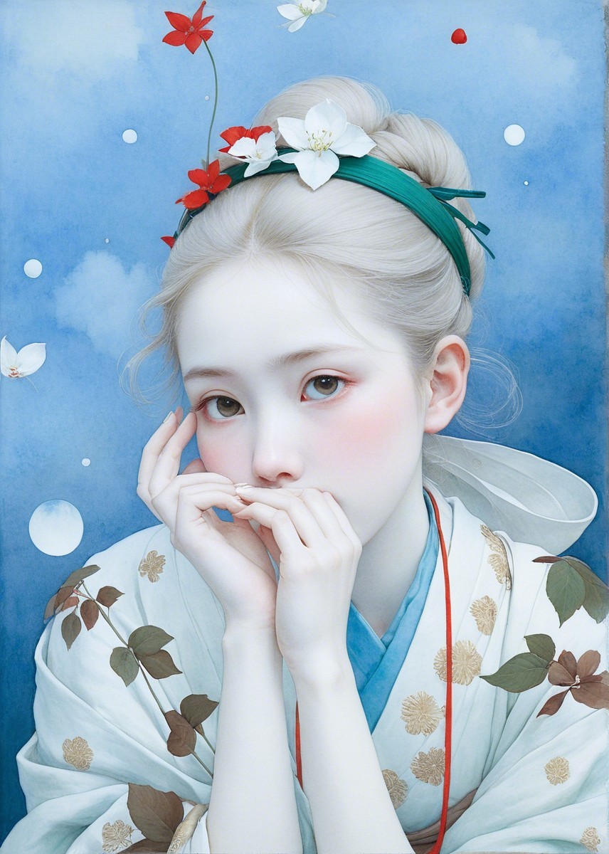 Young Woman in Floral Kimono with Serene Background