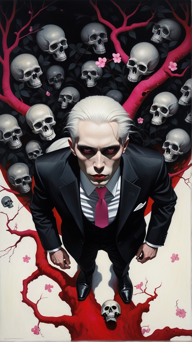 Elegant Figure in Black Suit Against Macabre Backdrop