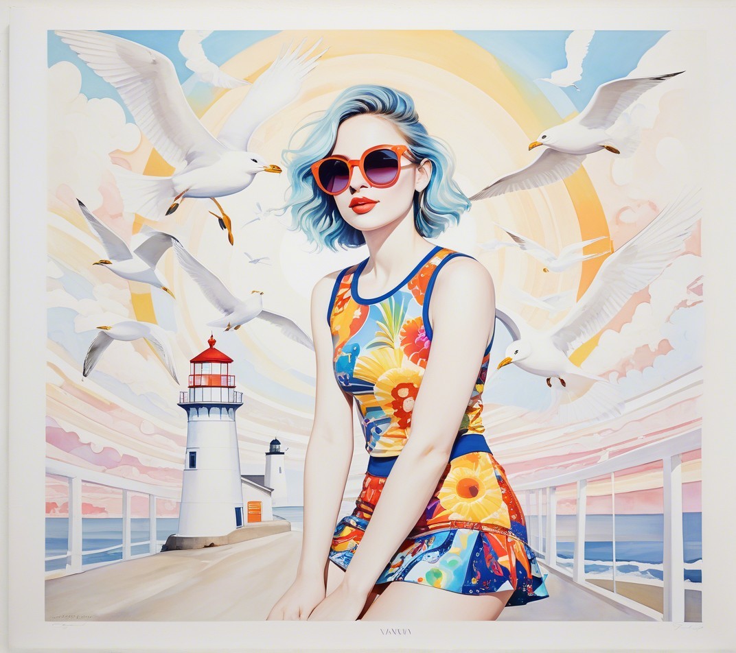 Surreal Beach Scene with Woman in Floral Swimsuit