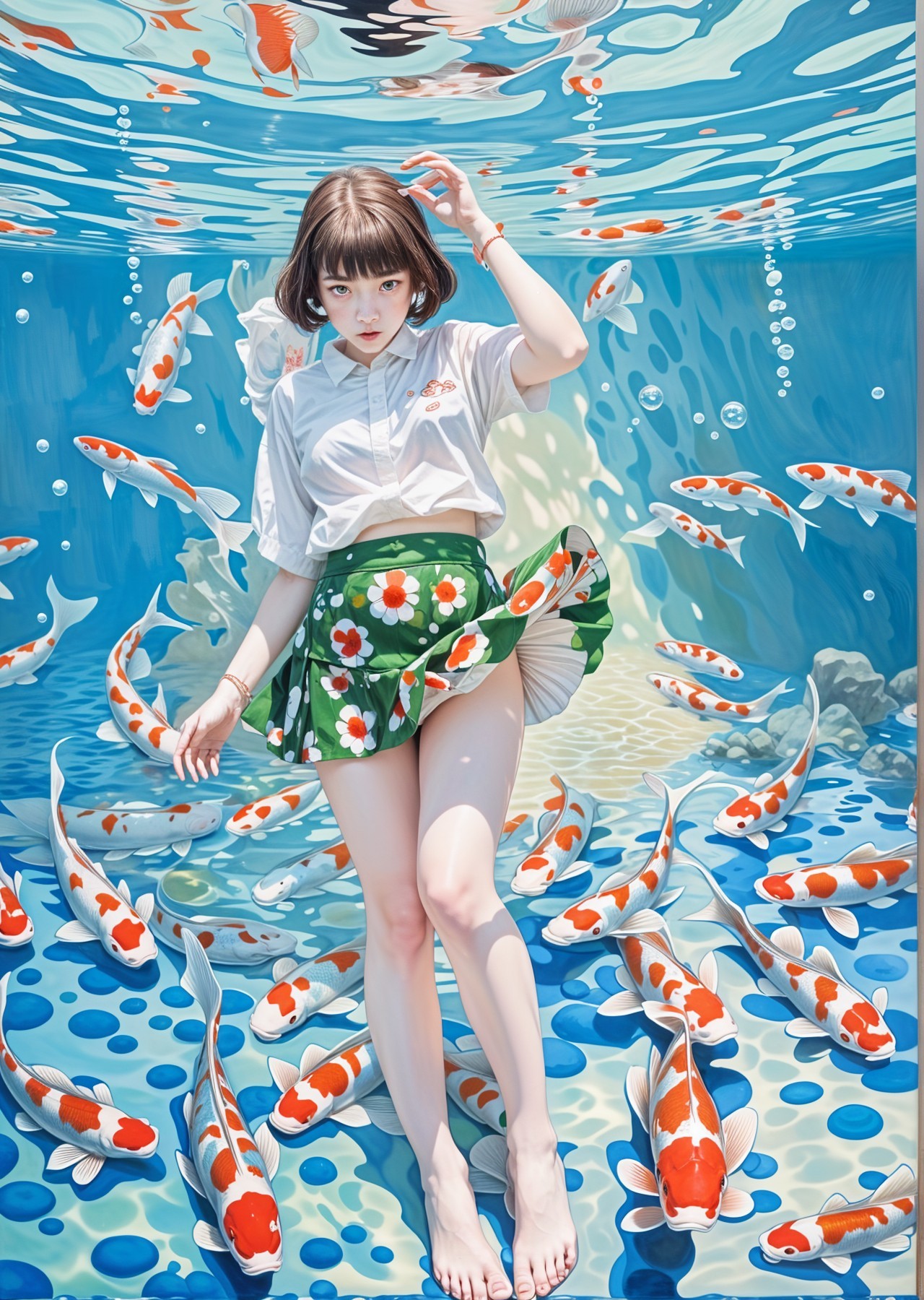 Young Woman in White Shirt Surrounded by Koi Fish