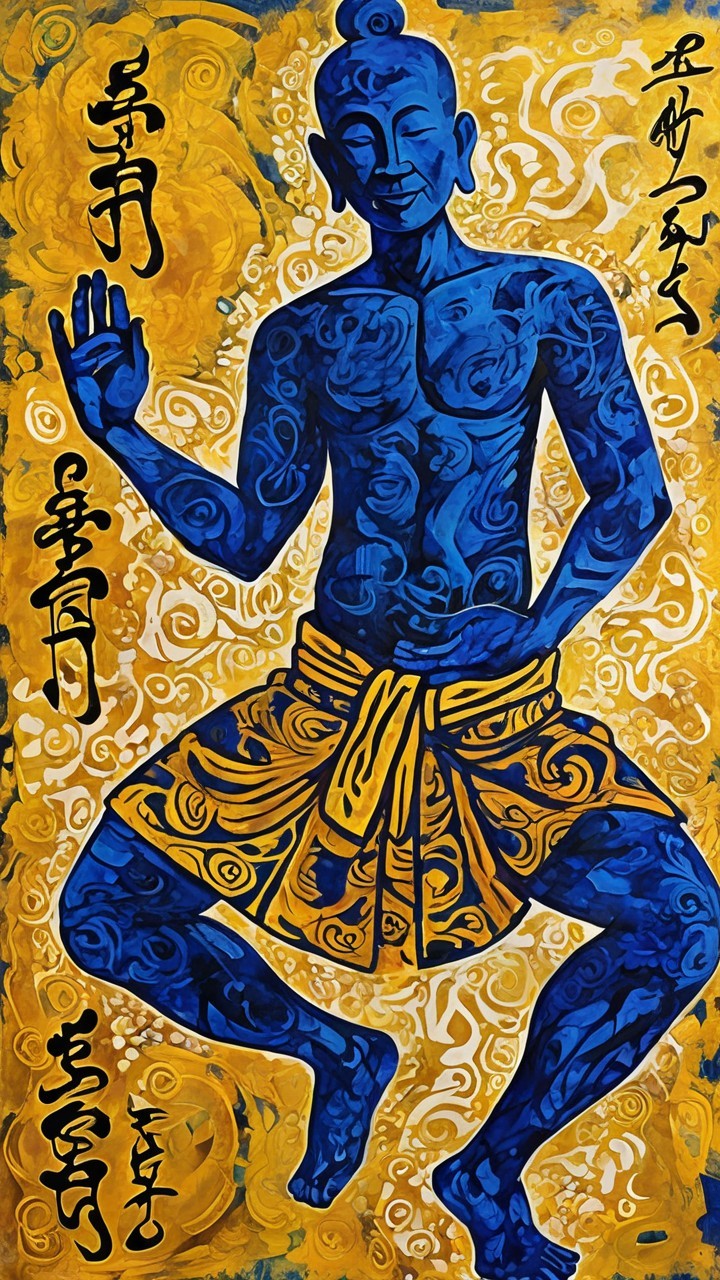 Seated Buddha in Blue with Golden Swirling Background
