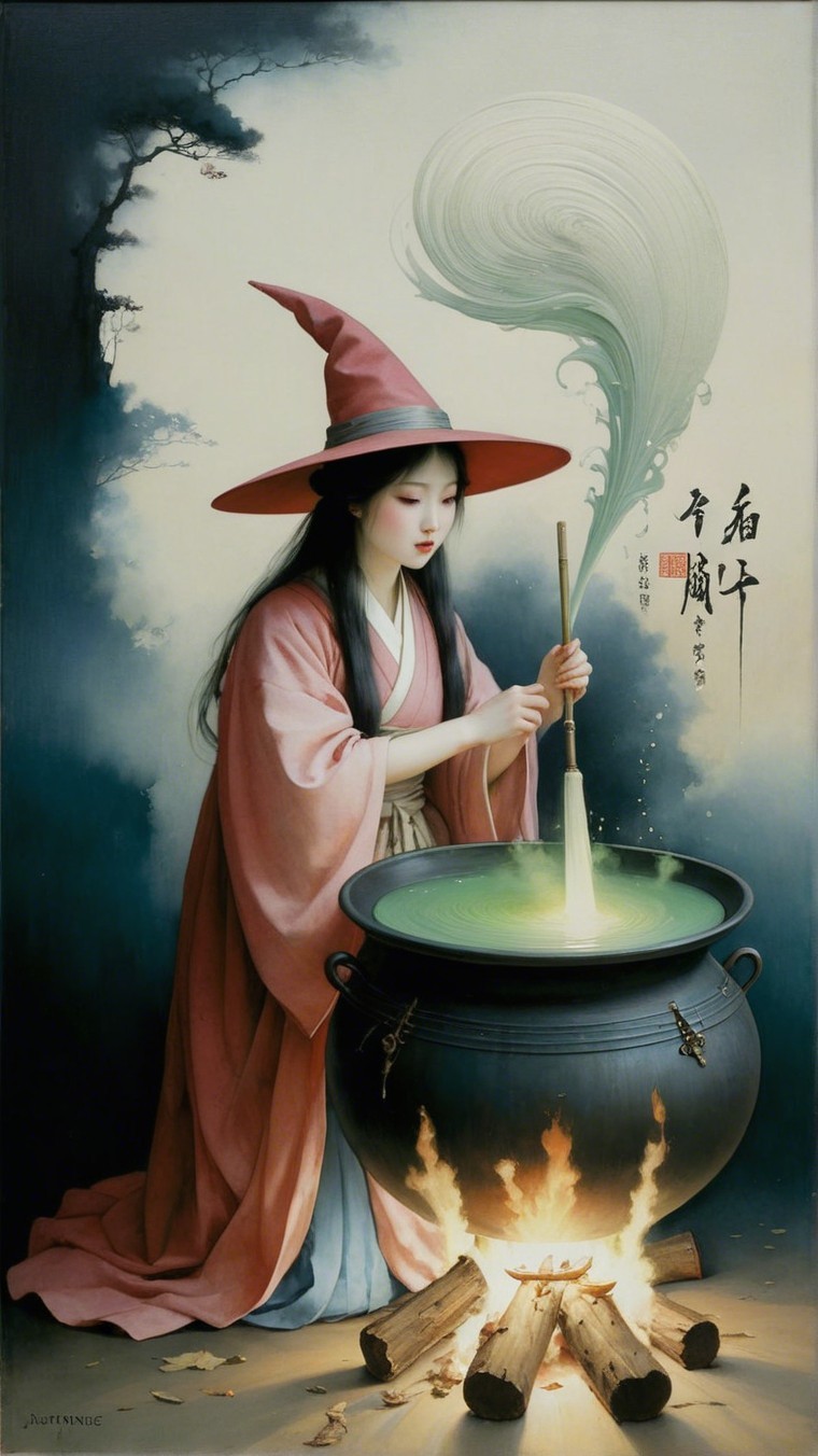 Mystical Sorceress with Cauldron and Ancient Characters