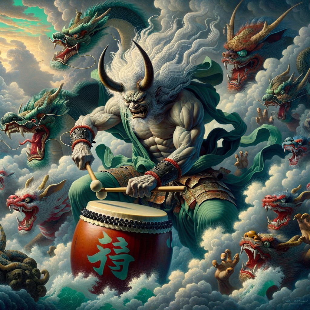 Mythical Figure with Horns Playing Drum Amid Dragons