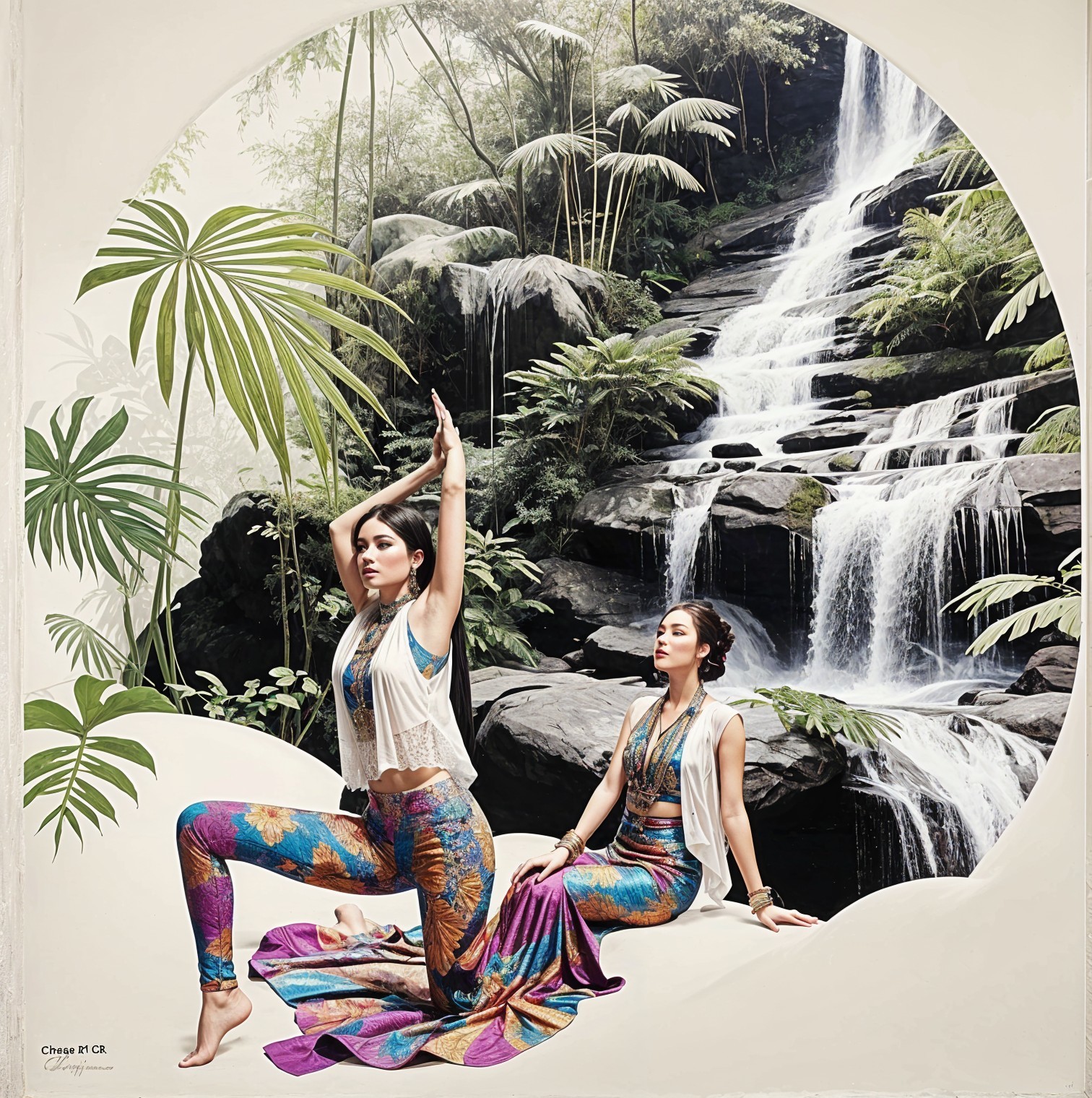 Women Posing Gracefully by a Cascading Waterfall