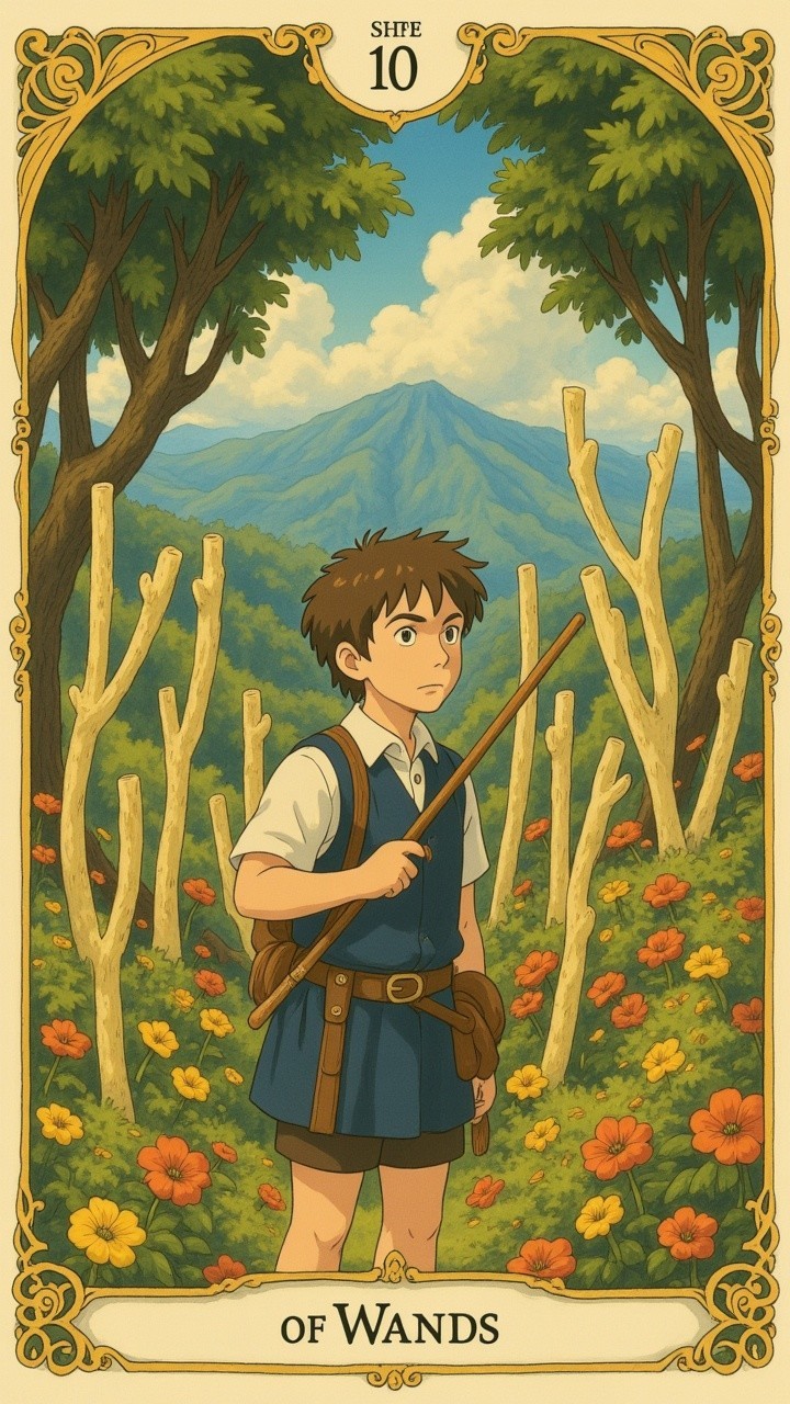 Young boy in flower-filled clearing with mountains