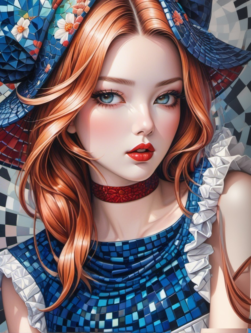 Portrait of a young woman with red lips and blue eyes