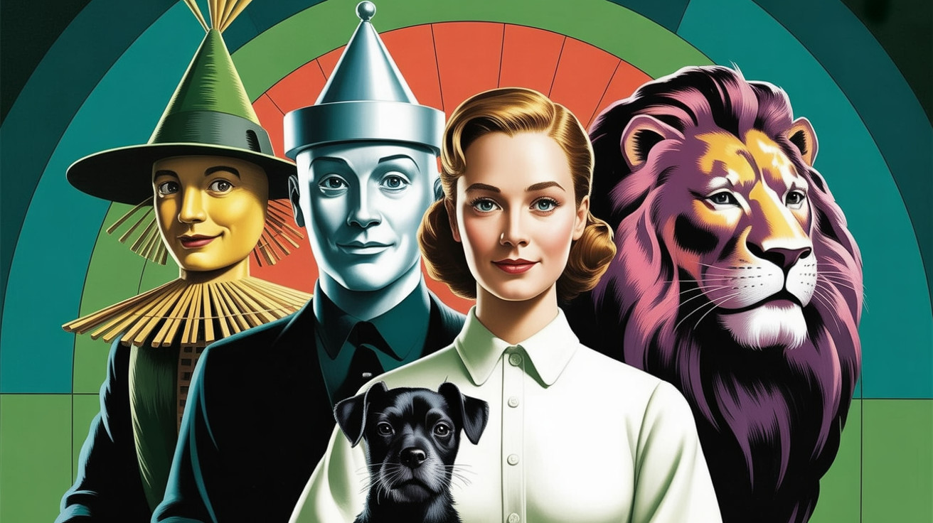 Colorful depiction of "The Wizard of Oz" characters