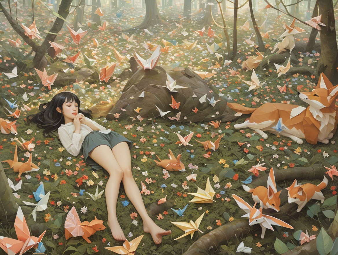 Girl in Forest Glade Surrounded by Flowers and Foxes