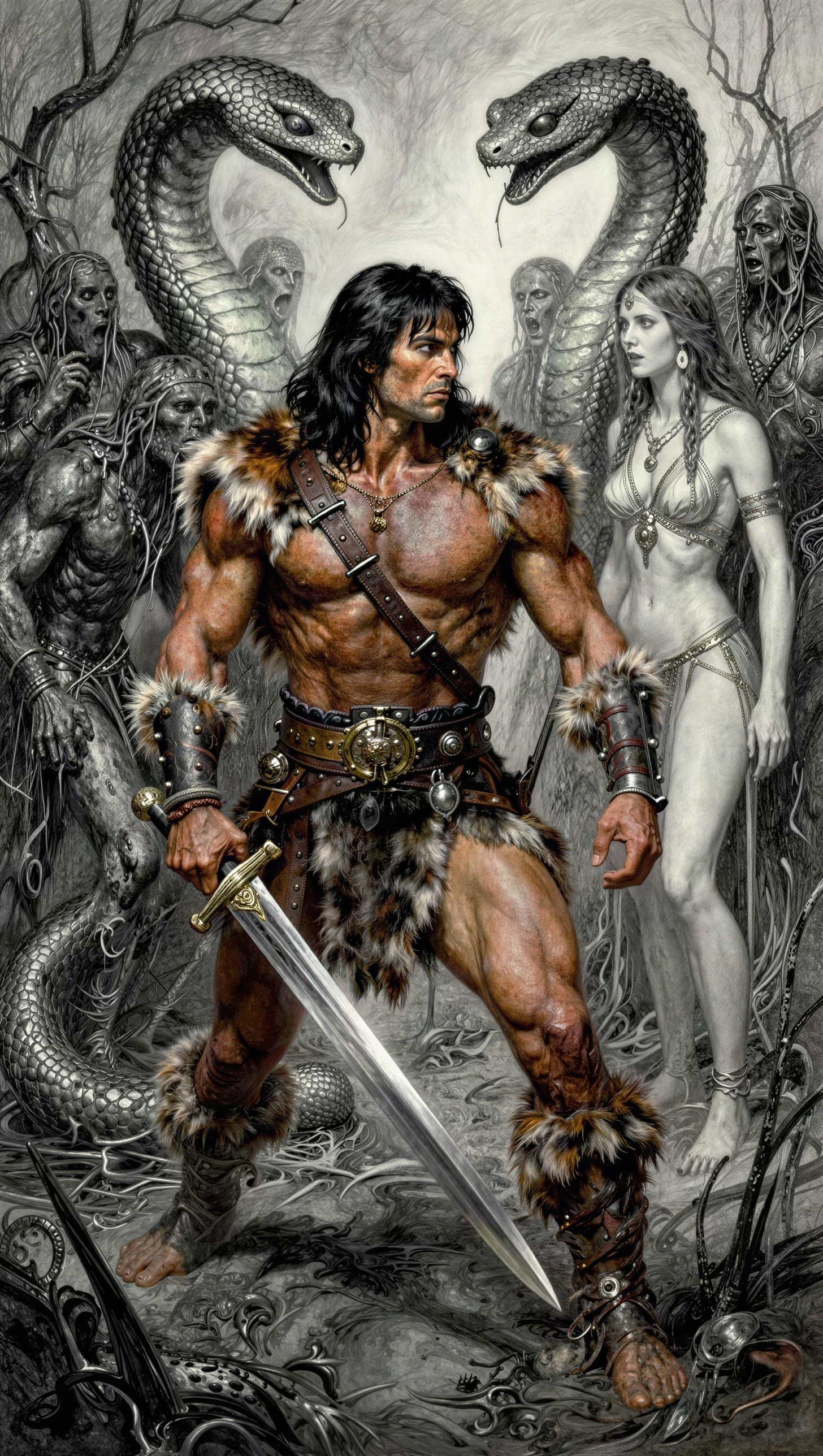 Muscular Man in Fur Attire with Ornate Sword