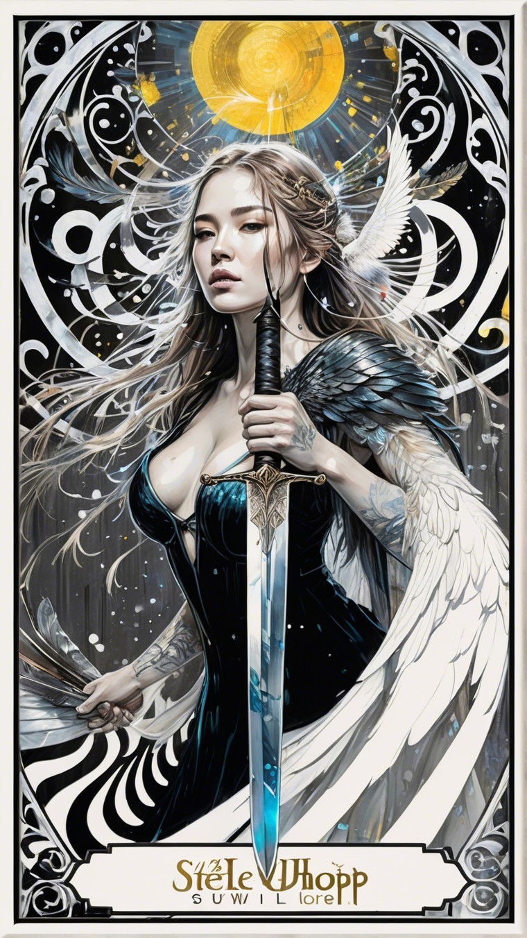 Fantasy Character with Wings and Sword in Celestial Scene