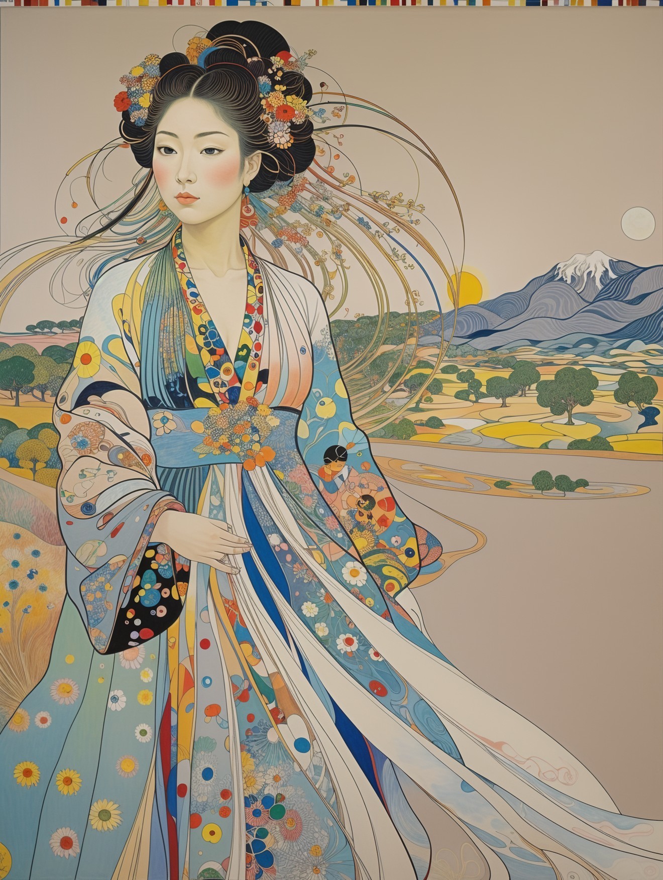 Young Woman in Kimono Against Tranquil Landscape