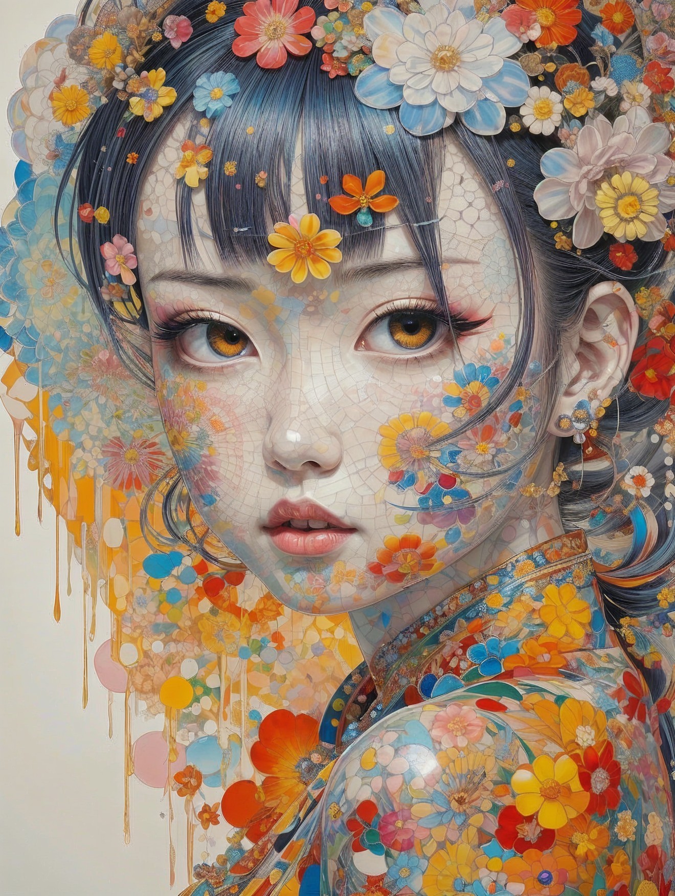 Portrait of a girl with floral skin design and gray hair