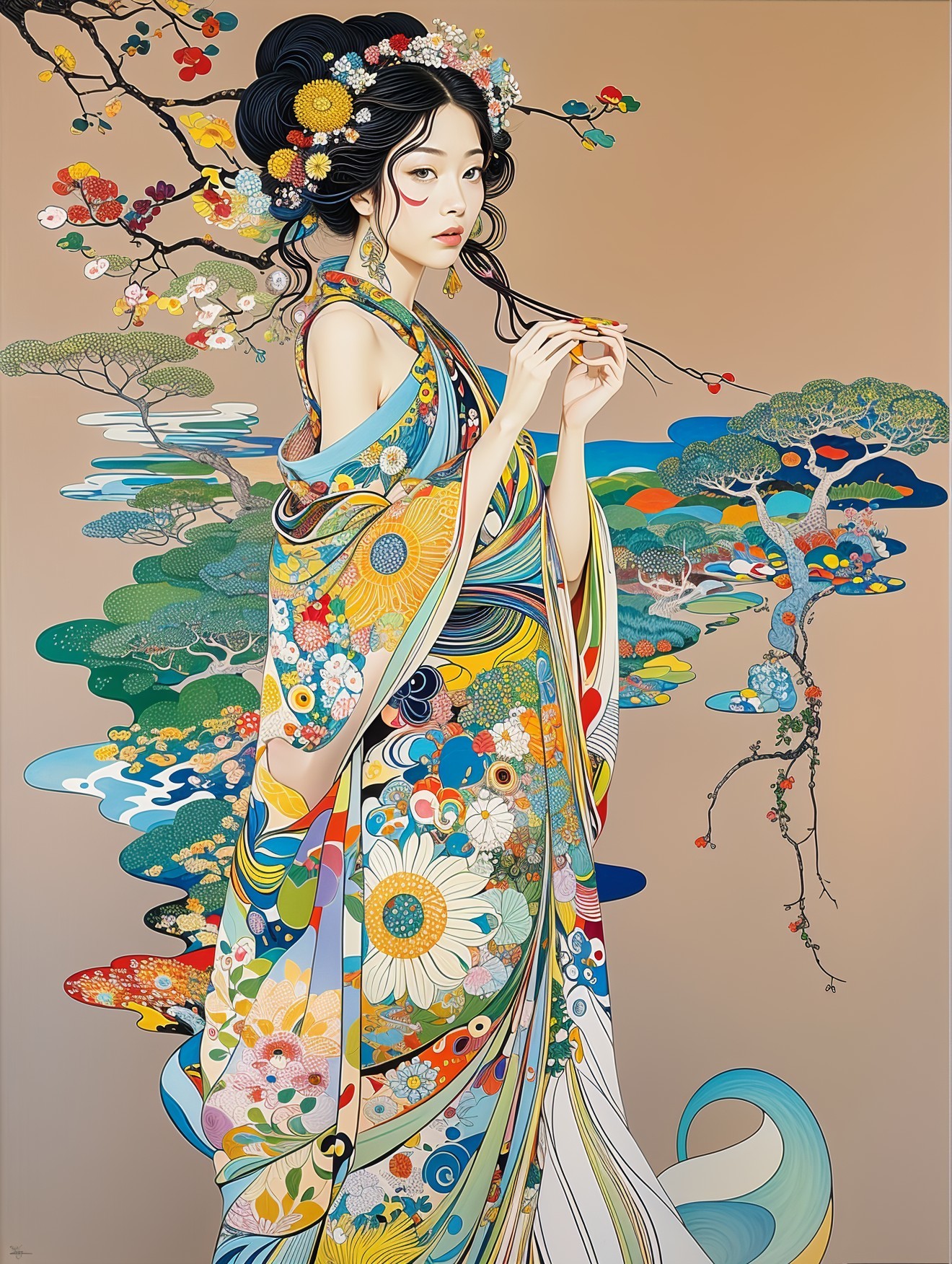 Vibrant Artwork of Woman in Flowing Kimono Amid Nature