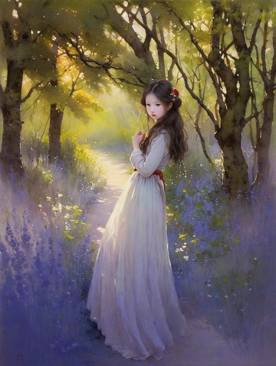 Serene Forest Path with Young Girl in Pale Dress