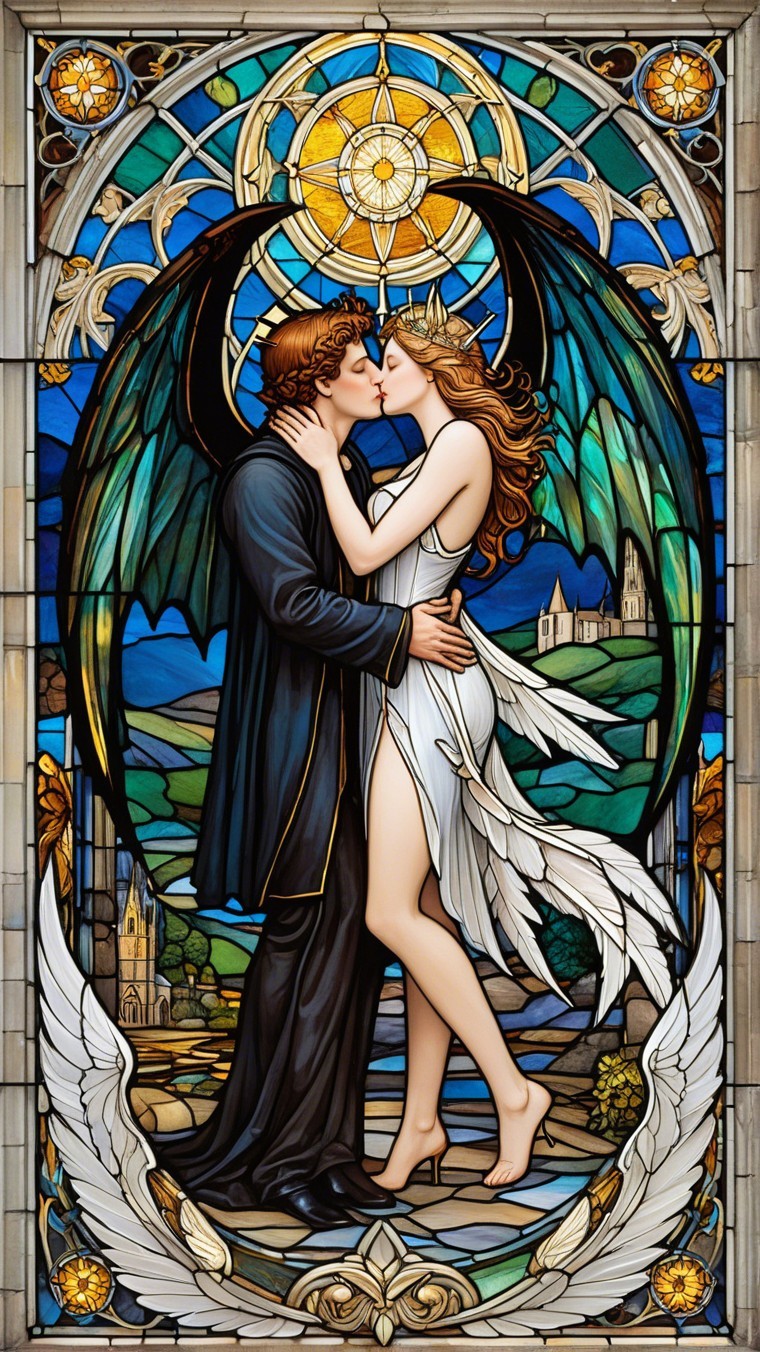 Stained Glass Artwork of Winged Embrace and Landscape