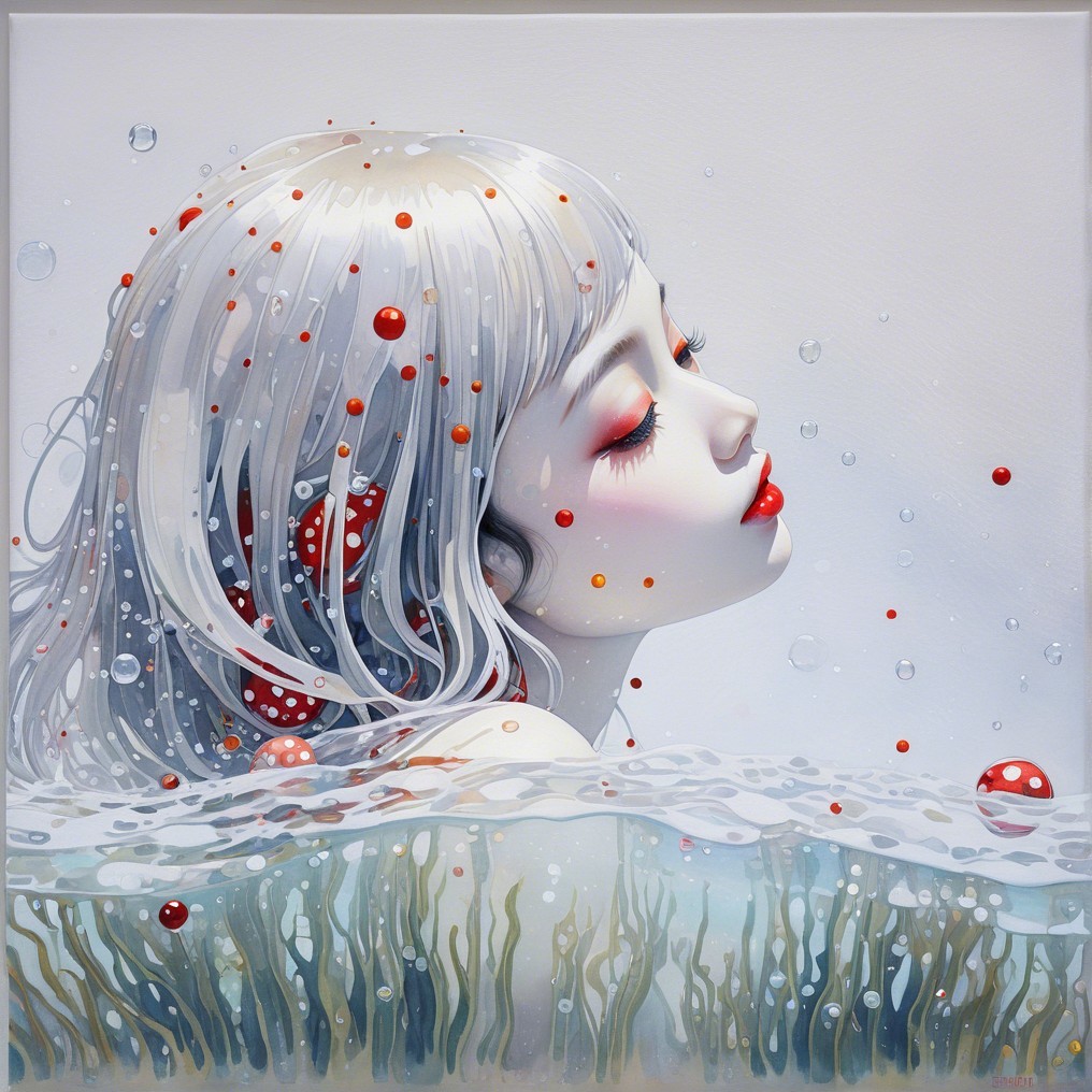 Ethereal Woman with Silver Hair in Underwater Scene