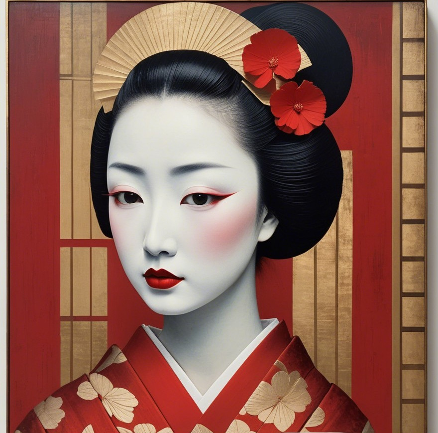 Stylized Portrait of Woman in Traditional Japanese Attire