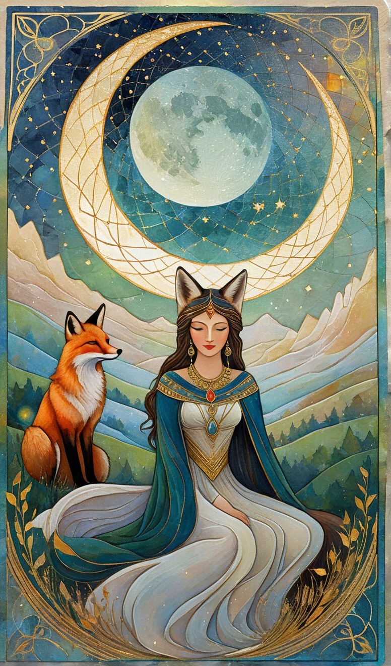 Serene Woman in White Gown with Celestial Motifs