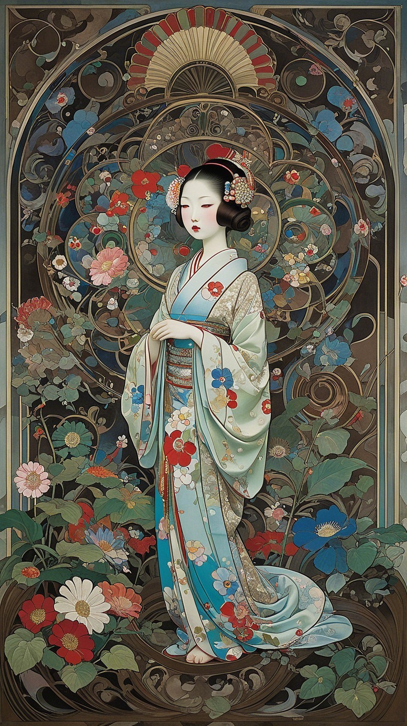 Digital Art Nouveau Painting of a Japanese Geisha