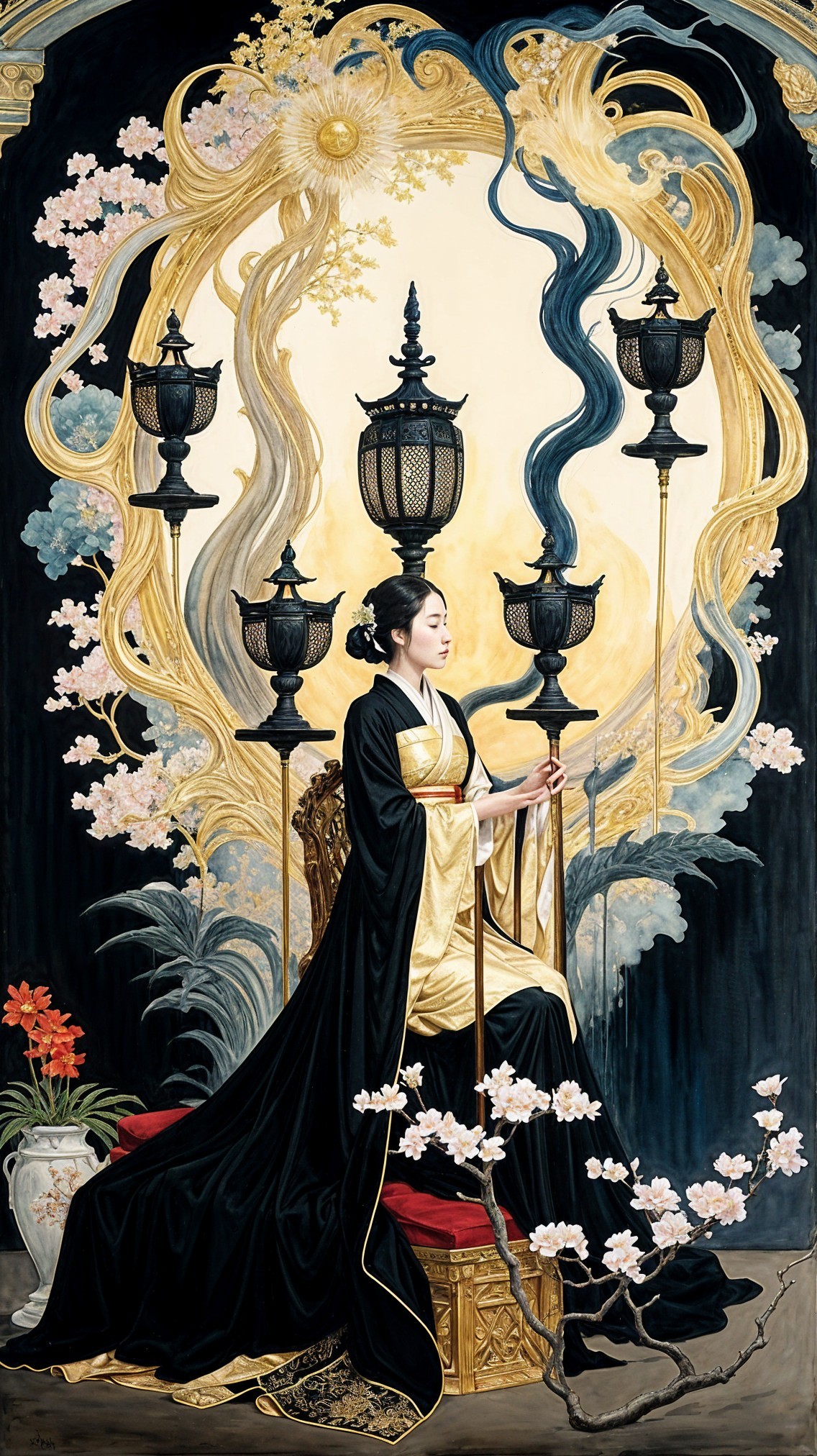 Elegant woman in black and gold robe on ornate throne