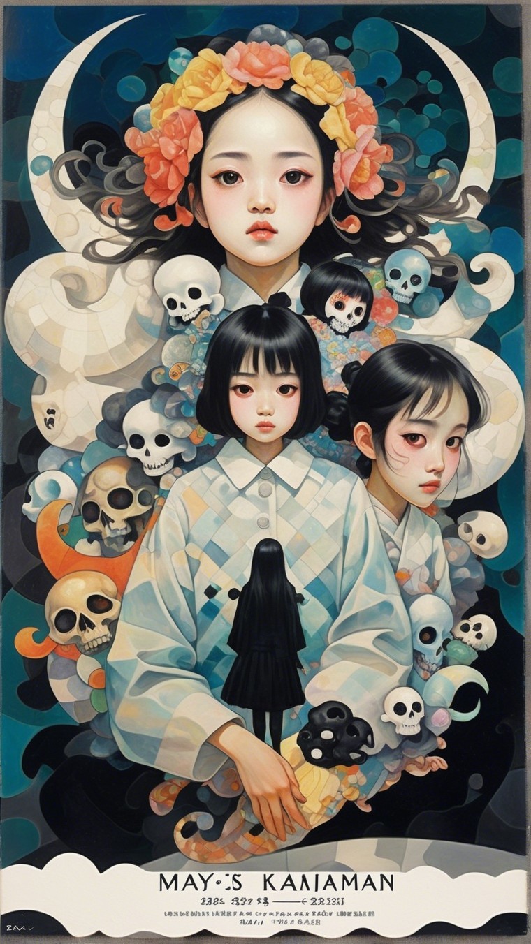 Surreal Artwork of Girls with Skulls and Florals