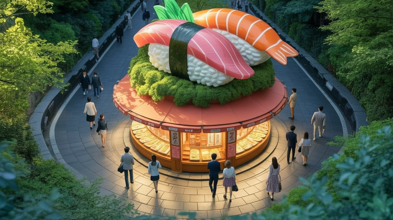 Whimsical Sushi Kiosk in Vibrant Outdoor Setting