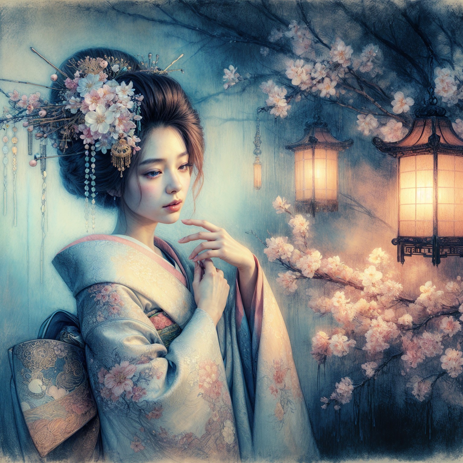 Serene Young Woman in Kimono Surrounded by Cherry Blossoms