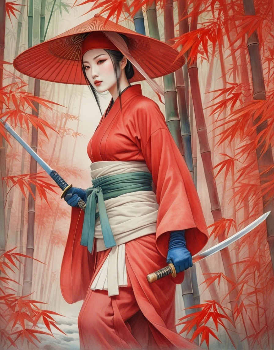 Woman in Red Kimono with Swords Among Bamboo and Leaves