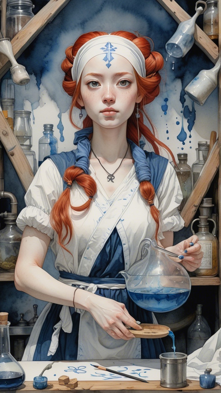 Young Woman in Alchemist's Workshop with Blue Liquid