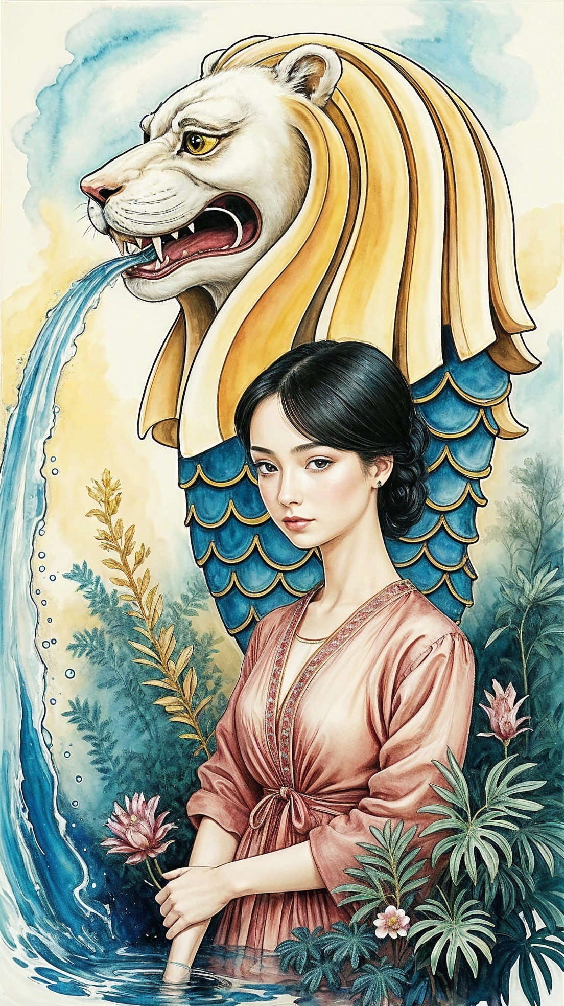 Young Woman in Pink Robe by Majestic Lion Fountain