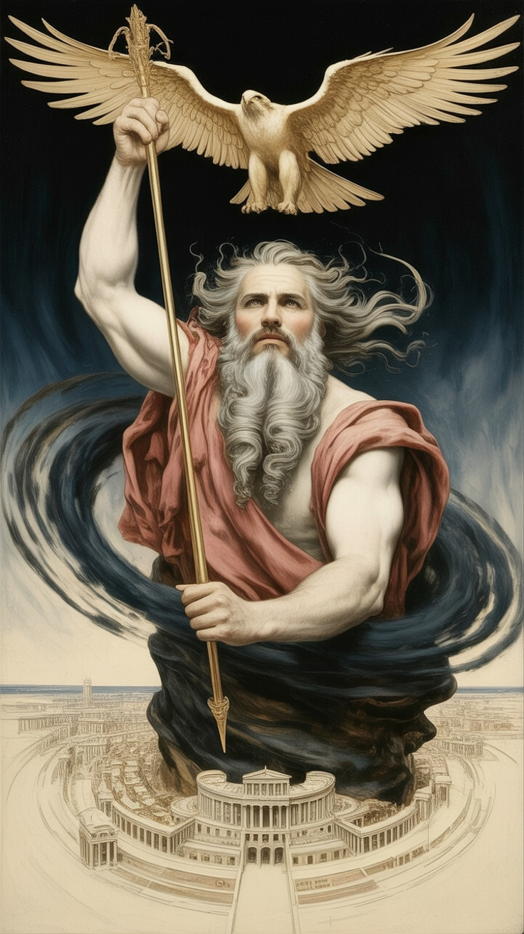 Majestic deity figure with staff and eagle above cityscape
