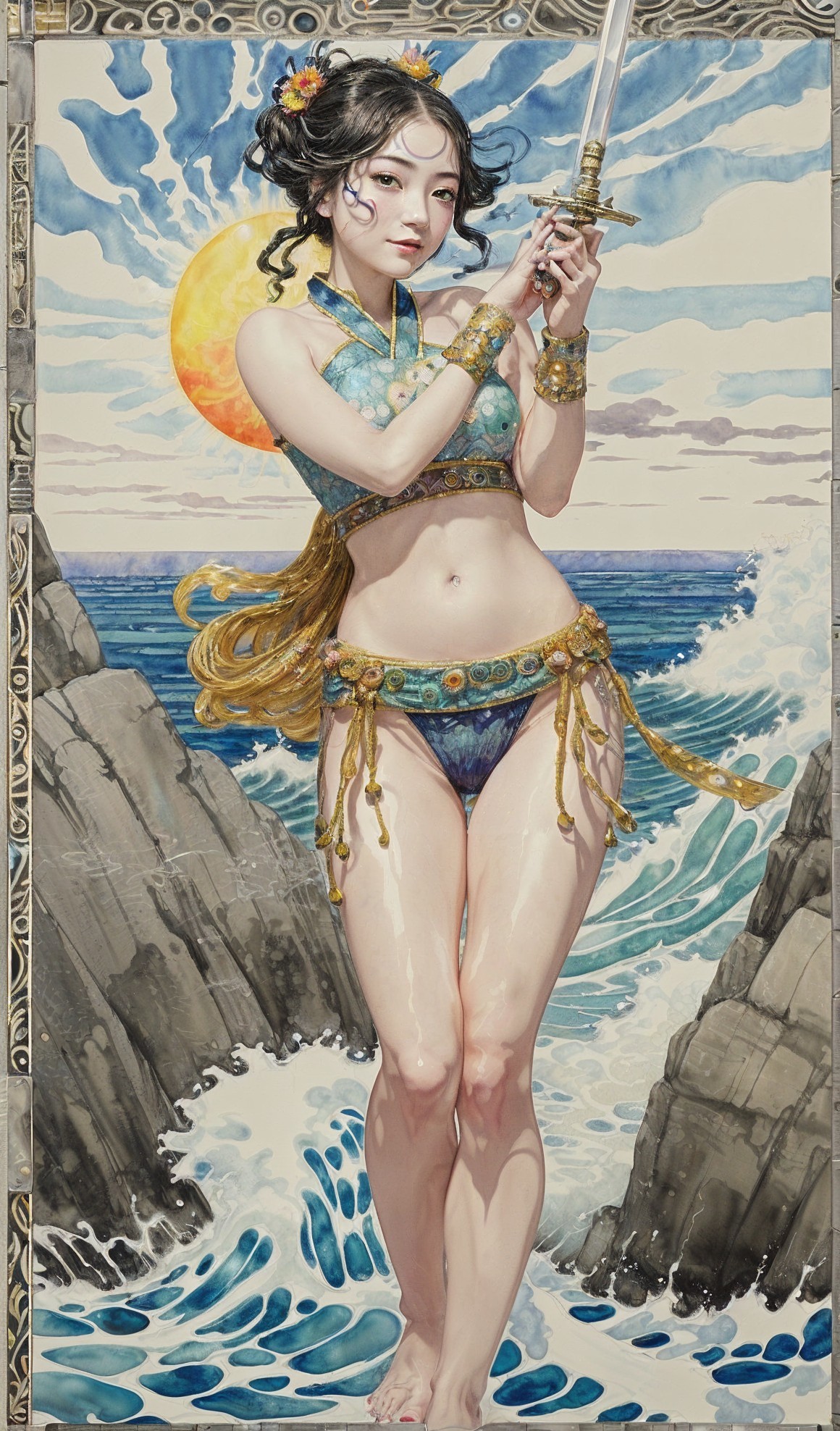 Graceful Figure on Rocky Shores with Sword and Waves