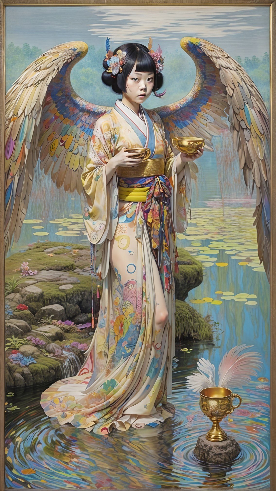 Young woman with wings in a serene pond setting