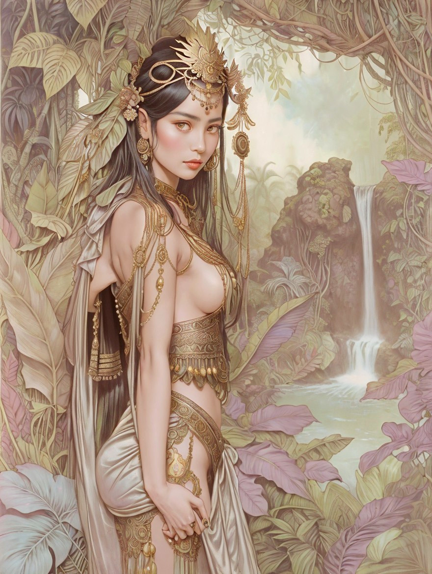Ethereal woman with golden jewelry at waterfall in lush setting