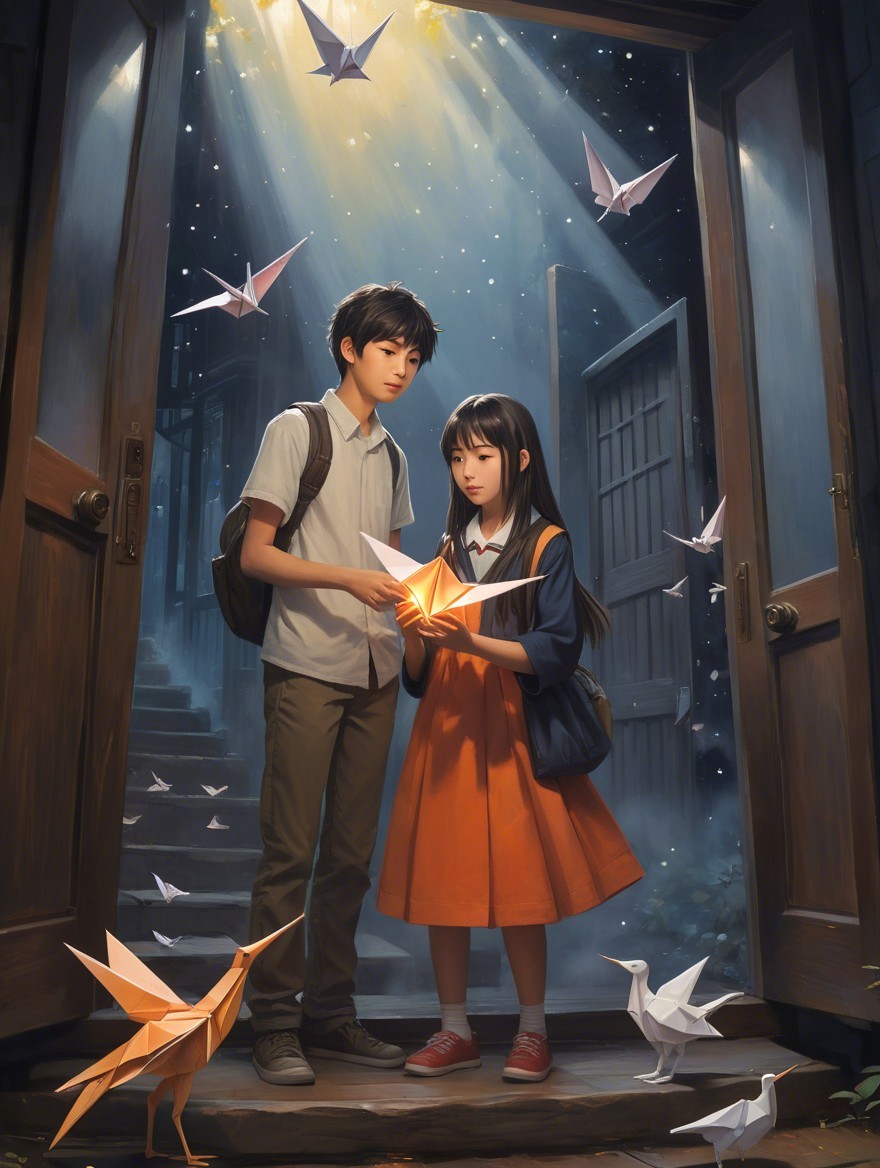 Children at an Open Door with Glowing Origami Star