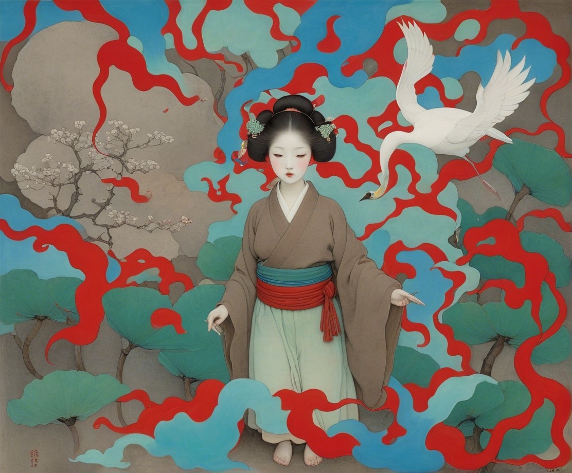 Serene figure in traditional attire with swirling clouds