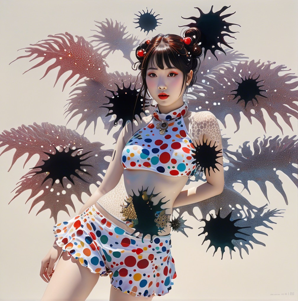 Young woman in vibrant polka-dotted outfit with makeup