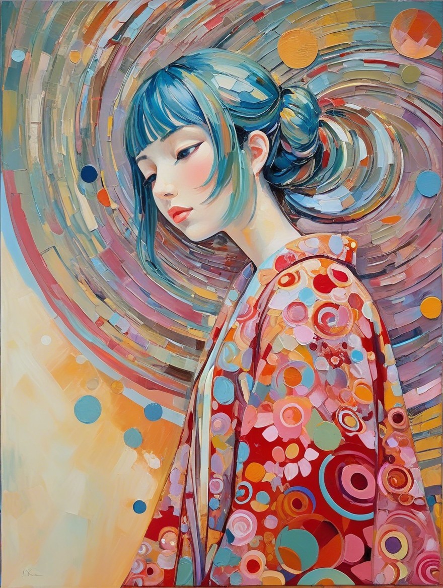 Serene Young Woman with Blue Hair in Vibrant Kimono
