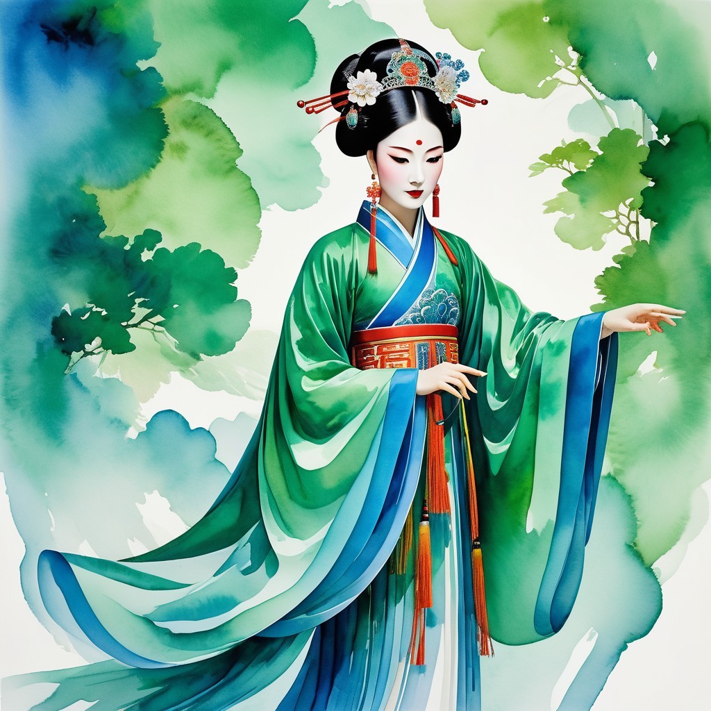 Elegant Woman in Ornate Green and Blue Gown