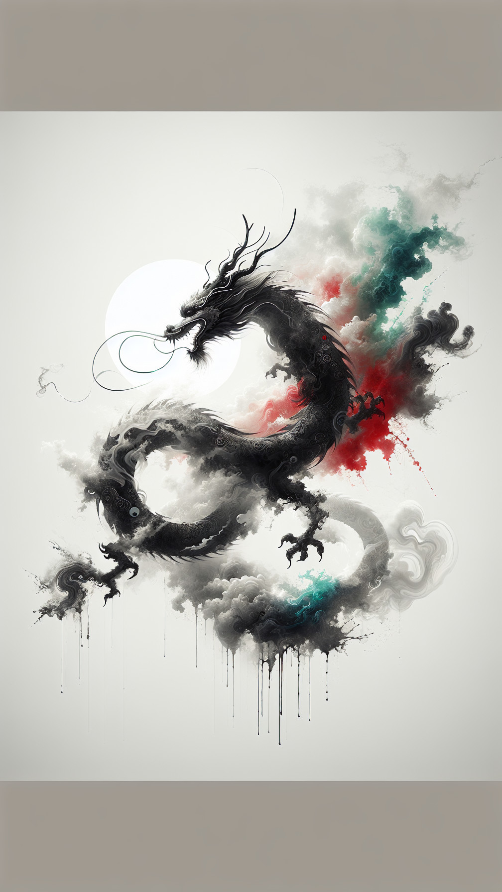 Majestic black dragon in swirling clouds with mist