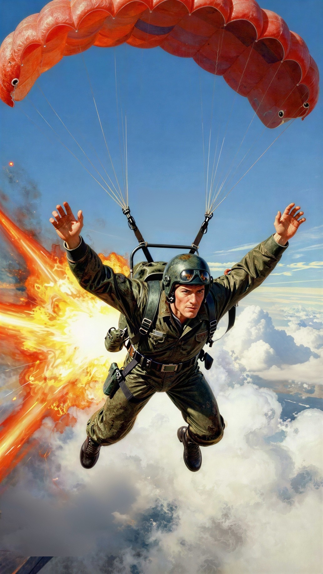 Male Paratrooper in Olive Green Uniform Mid-Air with Explosion
