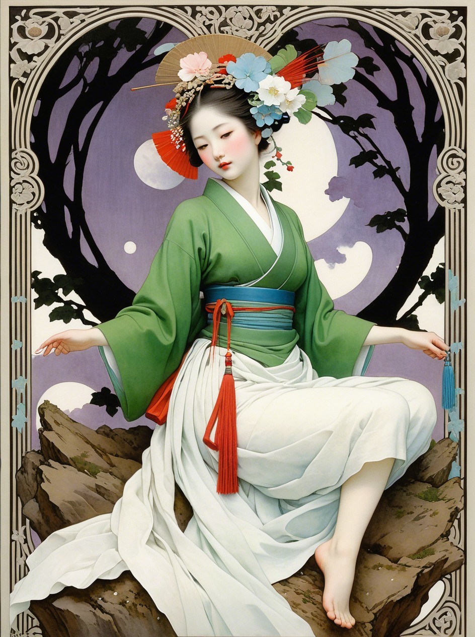 Art Nouveau Painting of a Geisha in Green Kimono
