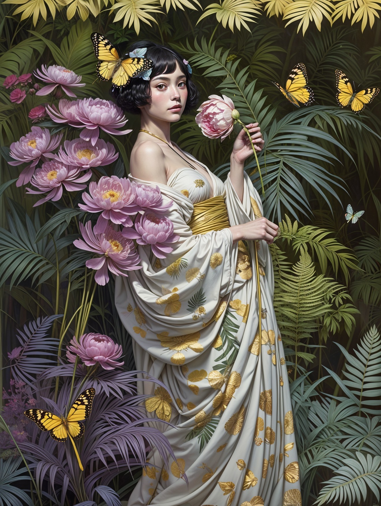 Serene Woman in Floral Kimono Surrounded by Nature