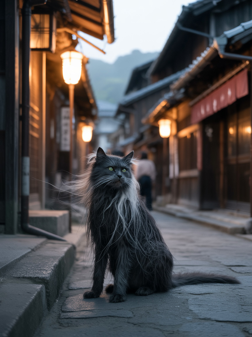 Long-haired cat on cobblestone street at night