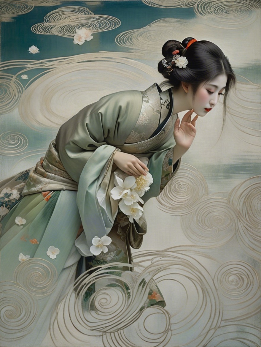 Elegant Kimono with Floral Patterns in Serene Scene