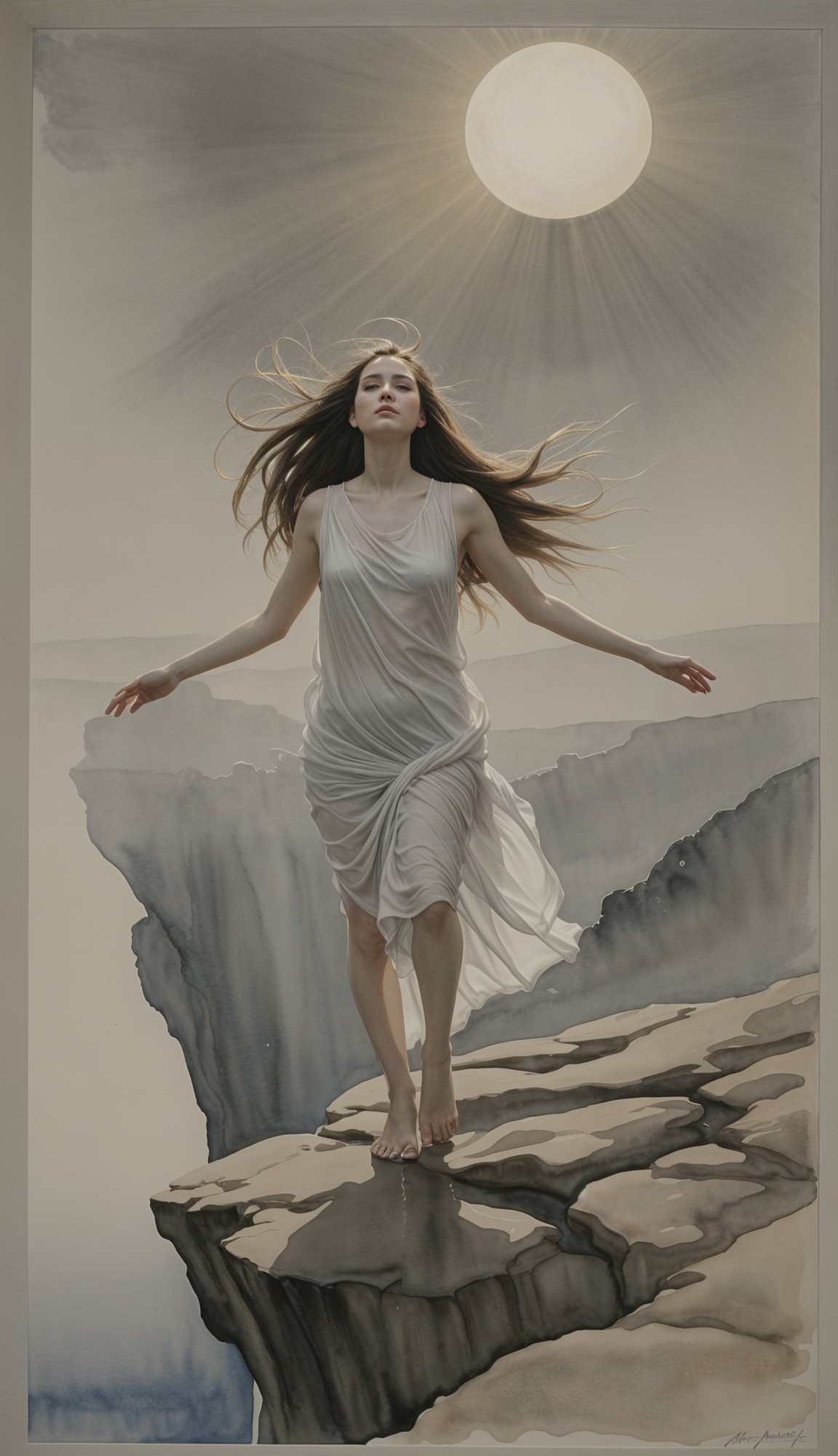Serene Woman in White Dress on Cliff with Landscape