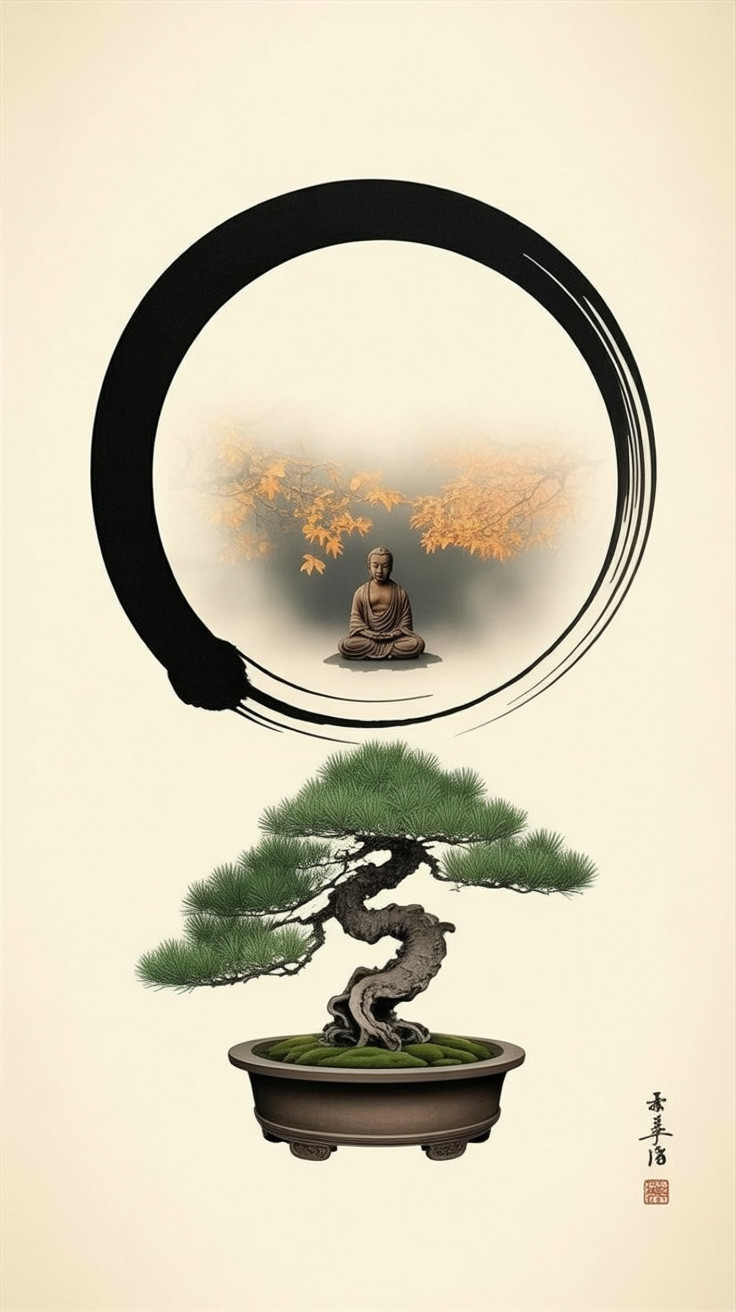 Serene Nature and Spirituality Scene with Statue and Bonsai